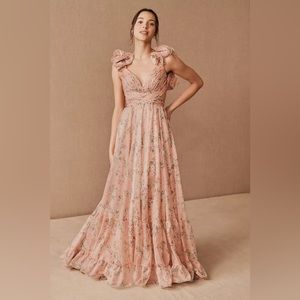 Mac Duggal Pink Floral Cut-out Tiered Chiffon Ruffle Gown